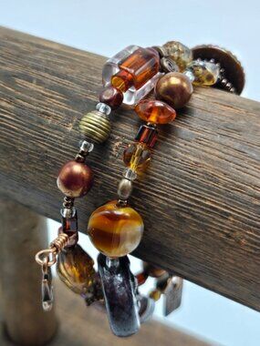 Beaded Bracelet Copper Tone Glass Beads Dangles Statement Costume Fashion